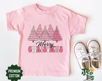 Merry Christmas Pink Tree Shirt, Christmas Gift for Girls, Girls Christmas Shirt, Christmas Kids Shirt, Christmas Tree Shirts