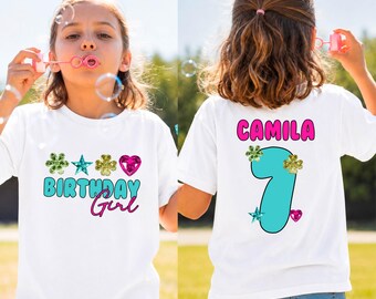 Personalized 7th Birthday Girl Glitter Flower Theme Shirt, Custom Name Seven Year Old Preppy Party Outfit Gemstone Graphics Girls Tee