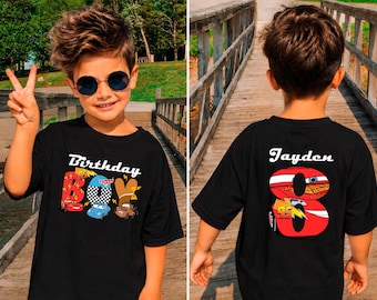 Custom 8th Birthday Boy Cars Shirt, Personalized Eight Year Old Race Car Party Outfit