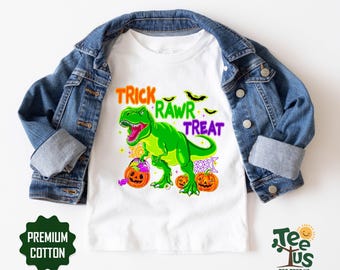 Trick Rawr Treat Dinosaur Halloween Shirt, Boys Spooky T-Rex Tee, Toddler Trick Or Treat Top, Cute Monster Pumpkin Kids Graphic Apparel