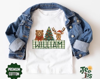 Personalized Christmas Shirt Bear and Reindeer, Custom Name Holiday Bodysuit, Baby First Xmas Outfit Gift