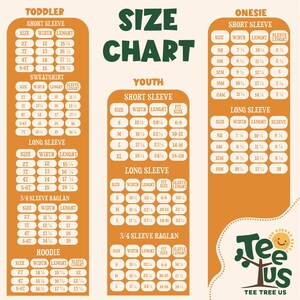 May include: A size chart for toddler and youth clothing, with measurements in inches. The chart includes sizes for short sleeve, long sleeve, and 3/4 sleeve raglan styles. The chart also includes sizes for onesies, sweatshirts, and hoodies. The chart is on a yellow background with green and white text.