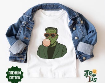 Frankenstein Blowing Bubblegum Shirt, Funny Spooky Kids Tee, Retro Heart Glasses Monster Boy Top, Trick Or Treat Halloween Toddler T-Shirt