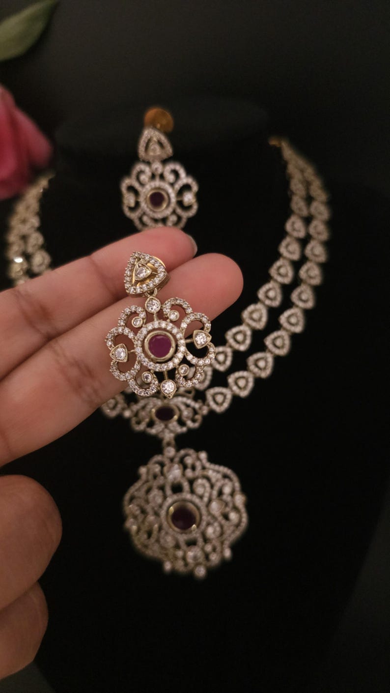Moissanite stone necklace set with Red centre stone.