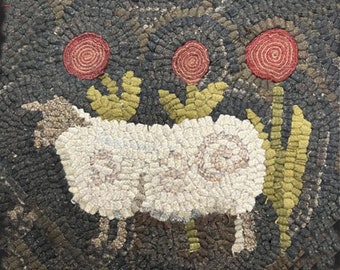 Hooked Rug Sheep Flowers Pattern Hand Drawn on Linen