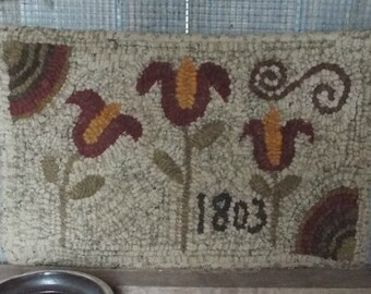 Hooked Rug Pattern on Linen Three Little Tulips