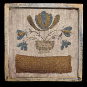 May include: A framed textile art piece featuring a floral design. The artwork showcases a central vase with a flower arrangement in shades of blue, green, and gold. A brown rectangular element is at the bottom. The frame is light-colored with blue accents.