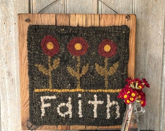 Hooked Rug Pattern on Linen Faith and Flowers