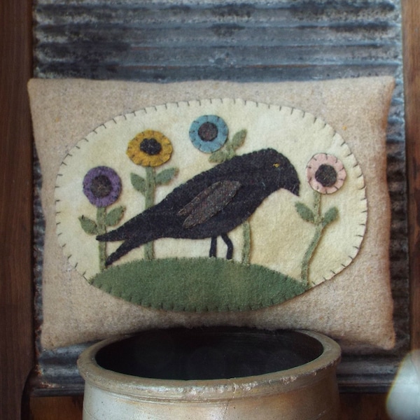 Primitive E Pattern Wool Applique Pillow Spring Crow Flowers