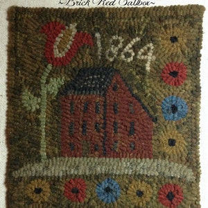 Hooked Rug Pattern on Linen Brick Red Saltbox