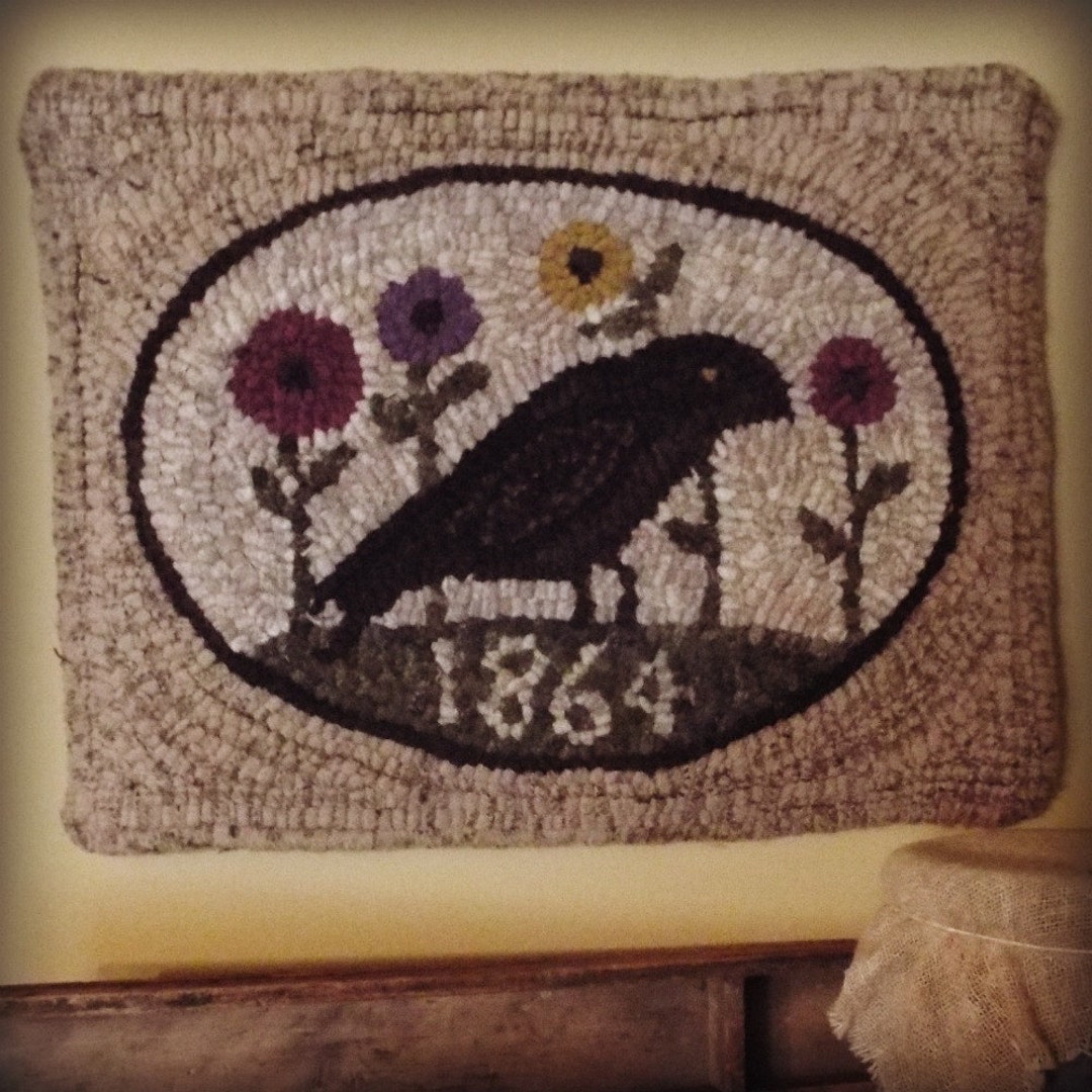 Hooked Rug Pattern Hand Drawn on Linen Crow Flowers - Etsy