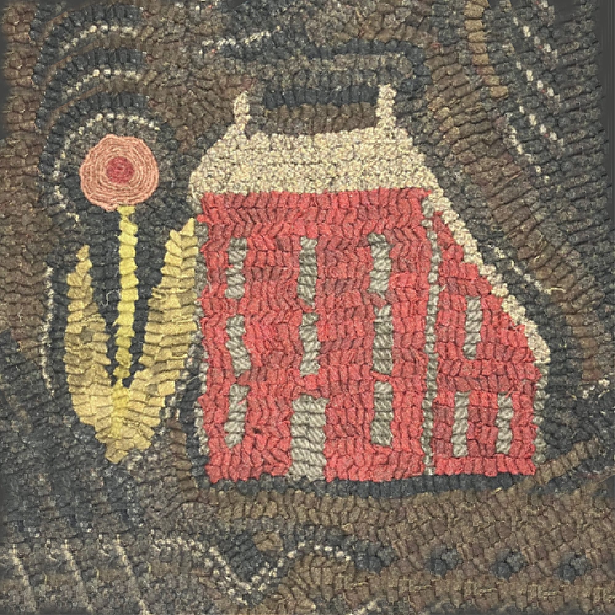 Hooked Rug Saltbox House Flowers Pattern Linen