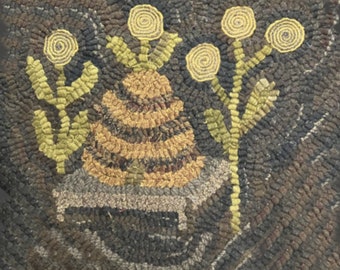 Hooked Rug BeeHive Bee Skep Flowers Pattern Linen