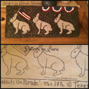 Hooked Rug Pattern on Linen Rabbits on Parade