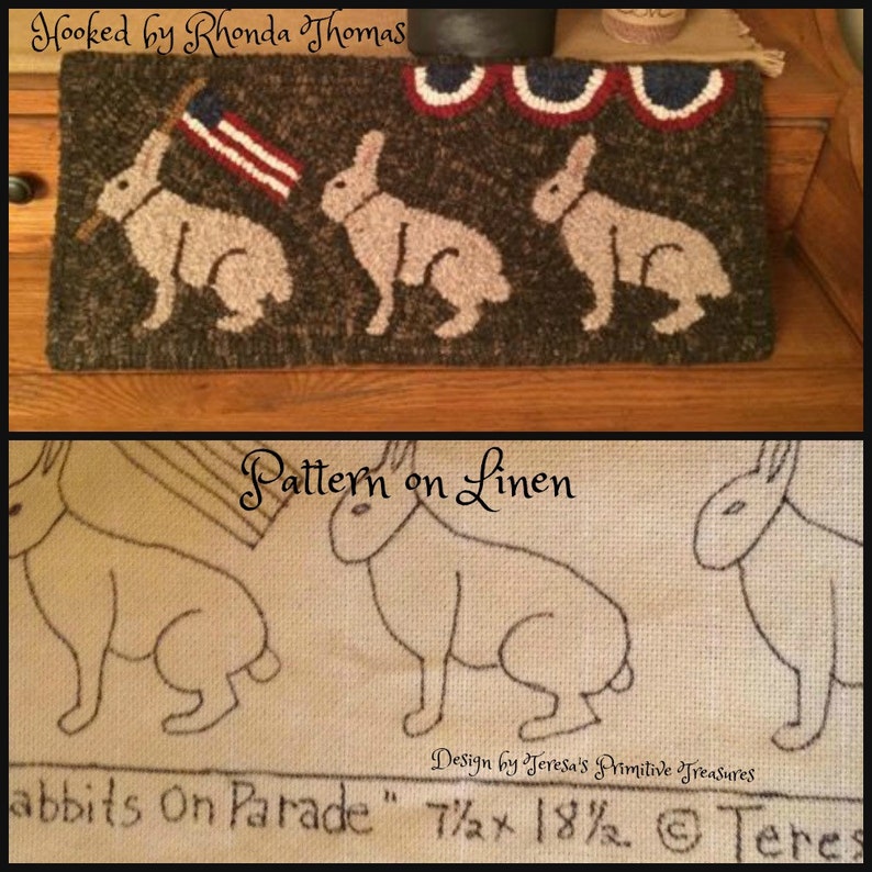 Hooked Rug Pattern on Linen Rabbits on Parade image 1