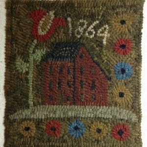 May include: Hand-hooked textile art piece featuring a red house with a black roof, a red tulip, and the year "1864" in white. The piece is bordered by a variety of colorful, stylized flowers in red, blue, and yellow.
