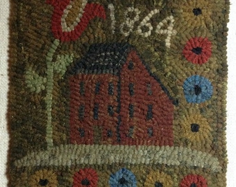 E-Pattern Primitive Hooked Rug Brick Red Saltbox