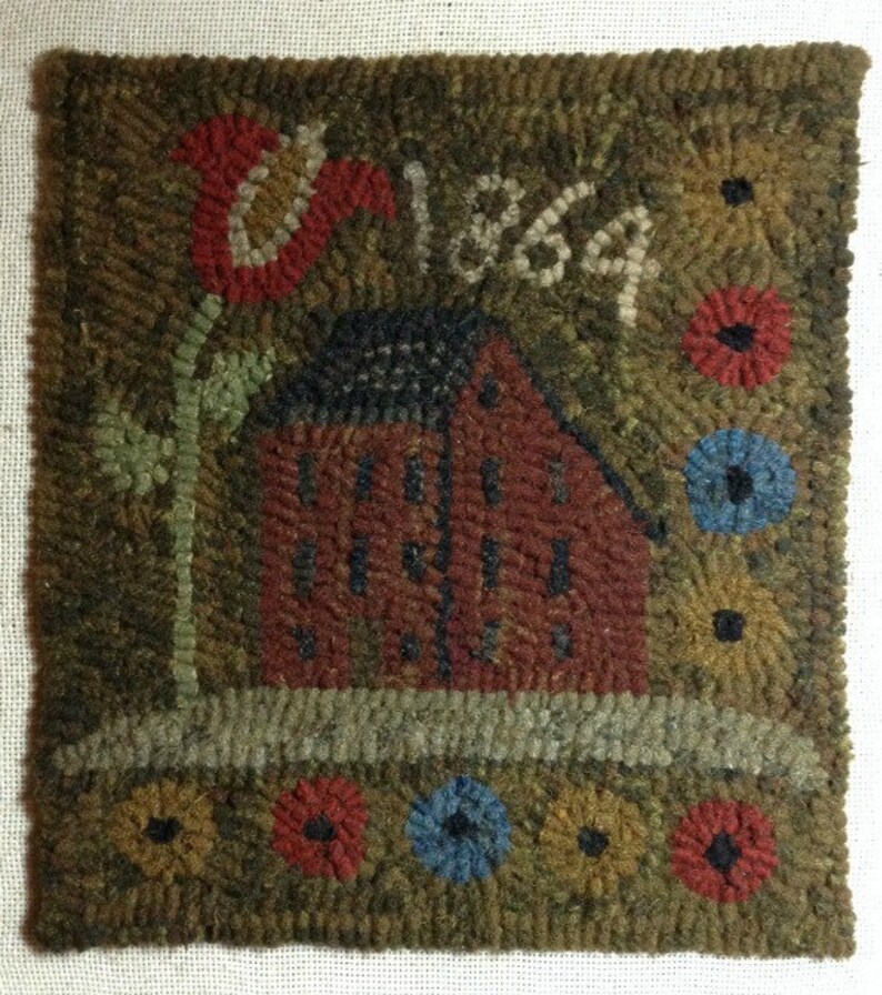 May include: Hand-hooked textile art piece featuring a red house with a black roof, a red tulip, and the year "1864" in white. The piece is bordered by a variety of colorful, stylized flowers in red, blue, and yellow.