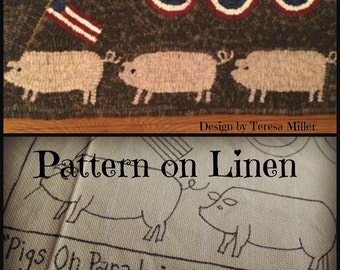 Hooked Rug Pattern Linen Pigs On Parade