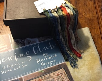 Willing Hands Kit, Blackbird Designs, Sewing Club Book, Brown Box, 12 Skeins Floss, Linen
