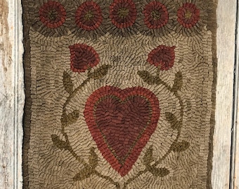 Hooked Rug on Linen Warm Winter Heart Pattern