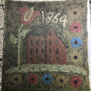 May include: A vintage-style rug with a red house, a large pink flower, and the year "1864" stitched into the design. The rug features a brown, green, and tan color palette with small floral accents.