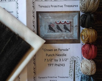 Punch Needle Paper Pattern Kit Crows on Parade Weavers Cloth Wool Valdani Threads Animals on Parade Series