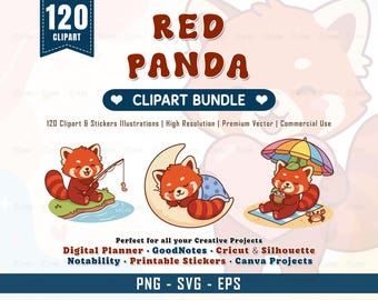 Red Panda Clipart Bundle PNG SVG EPS Stickers Cricut Planner Junk Journal