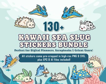 Pegatinas kawaii de babosas marinas / Más de 130 imágenes prediseñadas de nudibranquios (PNG, SVG, EPS)