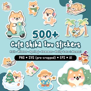 Shiba Inu Hund Aufkleber | Niedliche Kawaii Hunde Sticker | Digitales PNG SVG Bundle für GoodNotes & Cricut