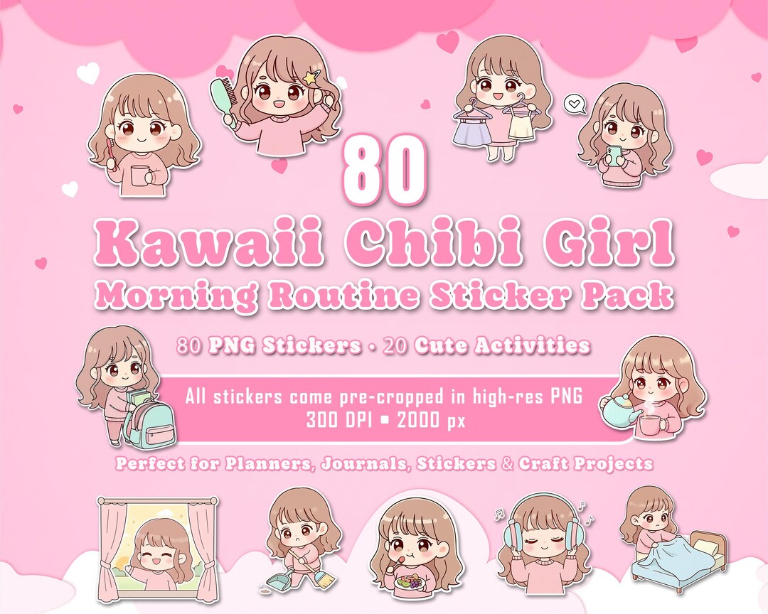 Kawaii Routine Kawaii Chibi Girl Morning Routine Stickers • 80 PNG Digital Planner ...