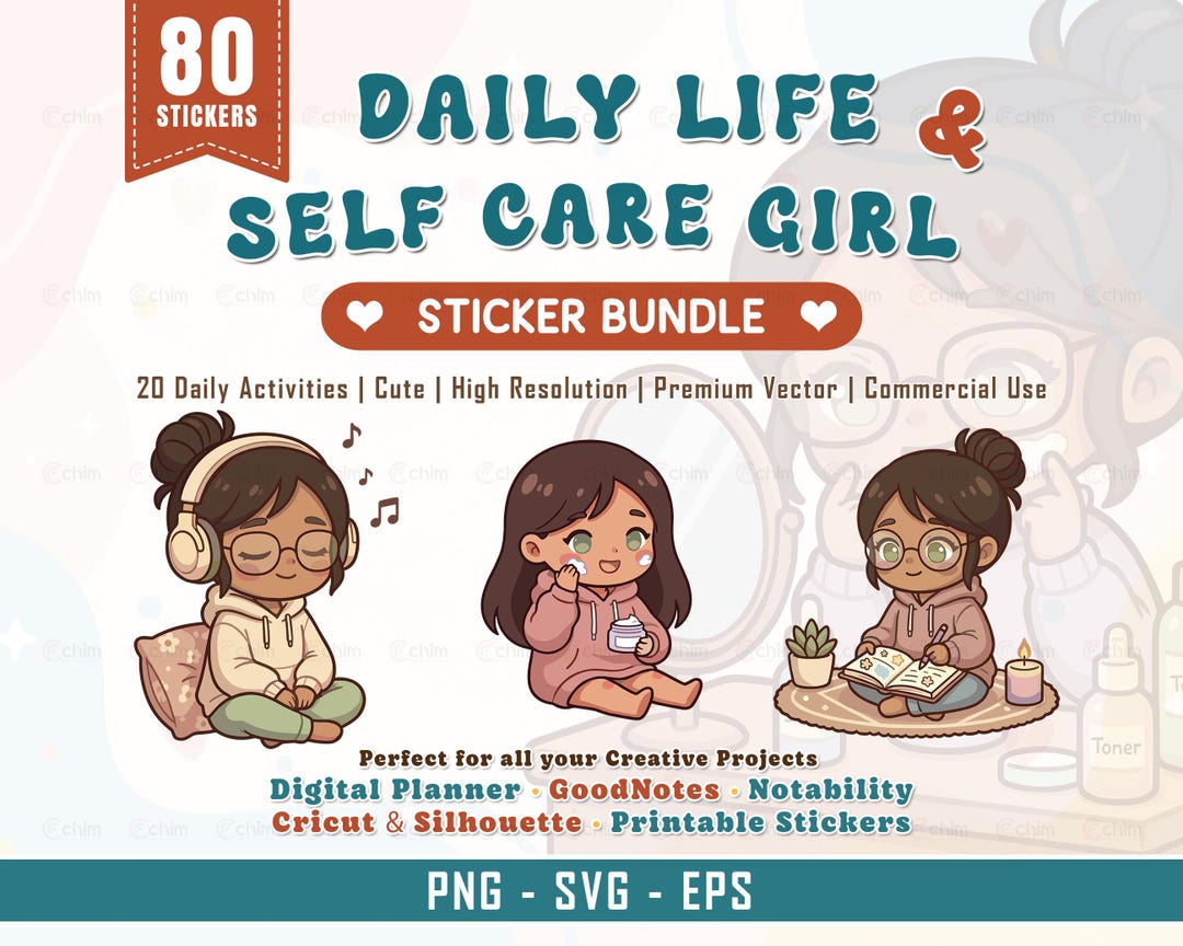 Kawaii Girl Stickers Bundle, Daily Life Self Care PNG SVG EPS (digital ...