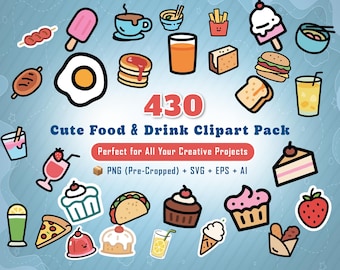 430 Kawaii Food Drink Clipart Pack, Pastel Style (png, svg, eps, ai)