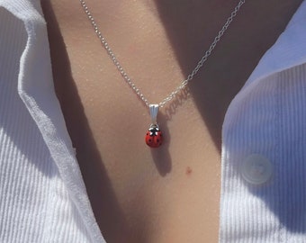 Ladybug pendant necklace ladybird layering necklace red silver