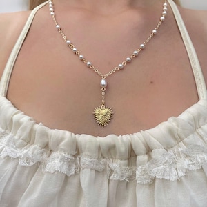 Vintage Perlenkette mit Herz Anhänger Valentinsgeschenk für sie 14K Vergoldet Schmuck