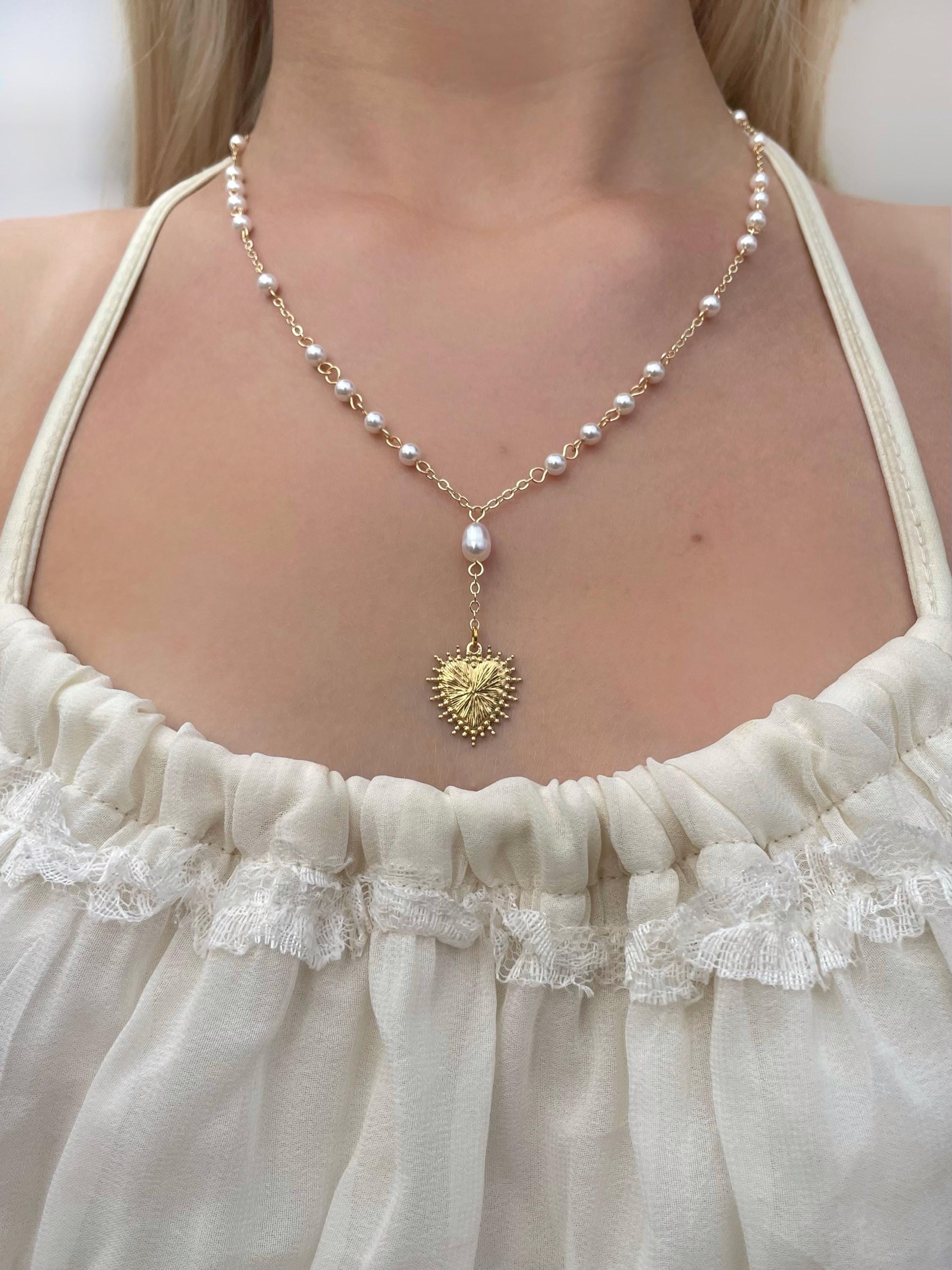 Vintage Pearl Necklace with Heart Pendant Valentines Gift for her 14K Gold Plated Jewelry