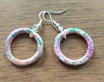 Handmade circular, glitter dangle earrings