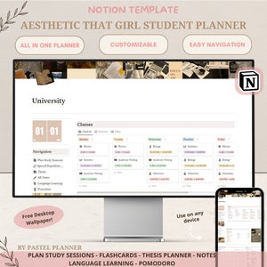 Op de afbeelding: Een computerscherm dat een Notion-sjabloon voor een studentenplanner weergeeft. De sjabloon heeft de titel "Aesthetic That Girl Student Planner" en beschikt over een aanpasbare interface met eenvoudige navigatie. De planner bevat secties voor lessen, navigatie, het plannen van studie sessies, herhaling met tussenpozen, scriptie, alle notities, taal leren en pomodoro.