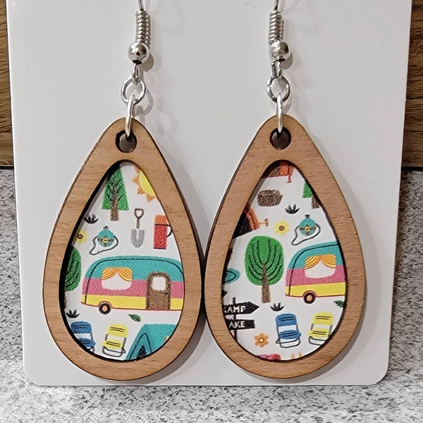 Camping Earrings, teardrop wood earrings, gifts for her, camping, rv, camper theme
