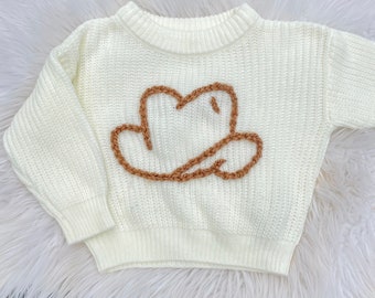 Western Chunky Oversized Knit Hand Embroidered Baby and Toddler Sweater Gift Flag Holiday Birthday Milestone Sweater CowBoy CowGirl