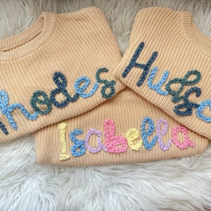 Chunky Oversized Knit Hand Embroidered Baby and Toddler Name Sweater Personalized Name Gift Baby Shower Birthday Milestone Sweater Boy Girl