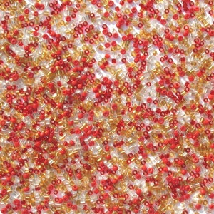 May include: A close-up image of a large quantity of small, round seed beads in red, gold, and clear colors.
