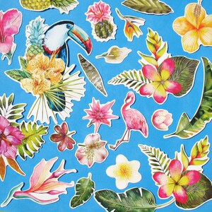 以下が含まれることがあります： 青い背景に、熱帯の花、オニオオハシ、フラミンゴ、ヤシの葉がカラフルにコラージュされています。花はピンク、黄色、白の色合いです。オニオオハシは枝に止まっていて、くちばしが開いています。フラミンゴは片足で立っています。ヤシの葉は緑色で青々としています。