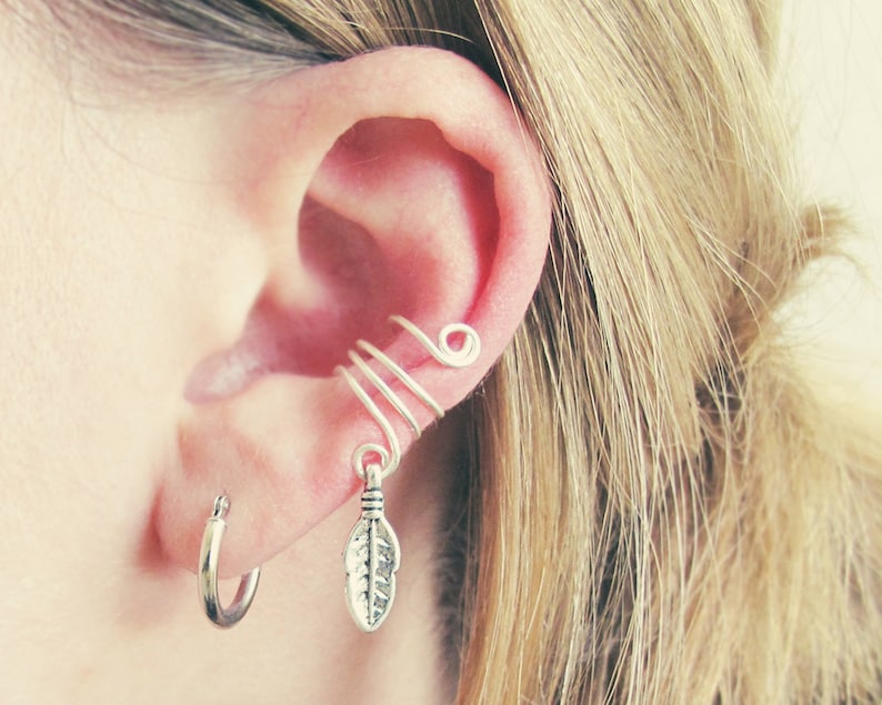 Choose Your Color Feather Charm Cartilage Non Pierced Wire Ear Cuff