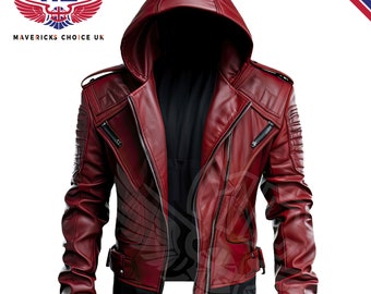 Men Leather Jacket Red  Genuine Sheepskin Hooded Biker Outfit Classy Casual Handcrafted Motorcycle Biker Jacket Quilted Sleeves Warm Belted