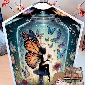 May include: A fairy sits on a mushroom inside a glass jar with a glowing light. The jar is surrounded by colourful butterflies and flowers. The fairy is holding a small flower. The jar is on a white table with a stack of books and a floral arrangement.