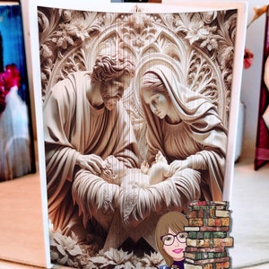 May include: A carved wooden sculpture of the Holy Family. The sculpture depicts Mary, Joseph, and baby Jesus in a traditional nativity scene. The sculpture is painted in shades of brown and beige, and it is set against a background of intricate floral designs.