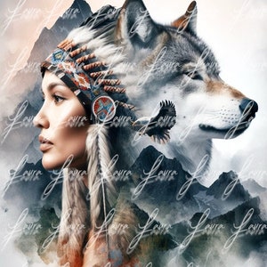 May include: Digital art print depicting a woman in profile wearing a Native American headdress, with a wolf and mountains in the background. The artwork includes an eagle in flight, with a soft, watercolour-like aesthetic.