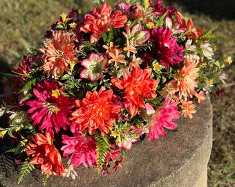 Large Summer Silk Flower Cemetery Saddle: Dahlias, Lilies, Memorial Arrangement