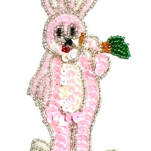 Pink and White Handmade Easter Rabbit Appliqué with a Carrot Sequins and Beaded 4.75" x 2.25"